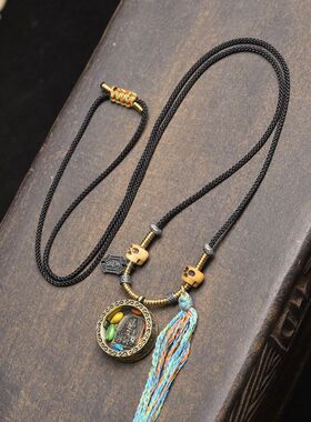 藏式文玩扎基拉姆嘎乌盒吊坠毛衣链藏银回流骨配饰手工编织绳项链