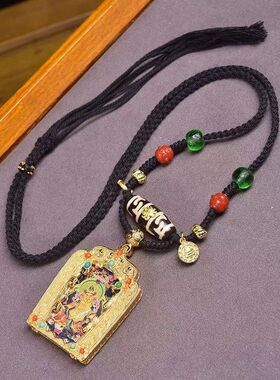 藏传文玩黑财神唐卡唐卡挂坠六臂大黑天文殊菩萨吊坠编织绳项链