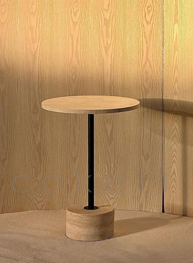 侘寂风天然罗马洞石圆形沙发边几茶几设计师款简约卧室床头小边桌