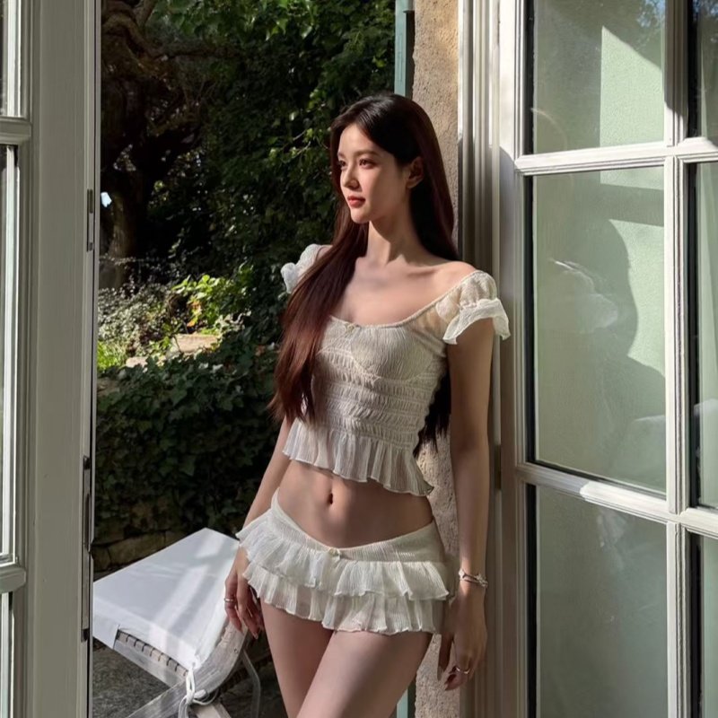 新款高级感飞袖一字肩低腰褶皱印花裙式分体辣妹少女绝美度假泳衣,淘宝优惠券,粉丝福利购,淘宝优惠卷