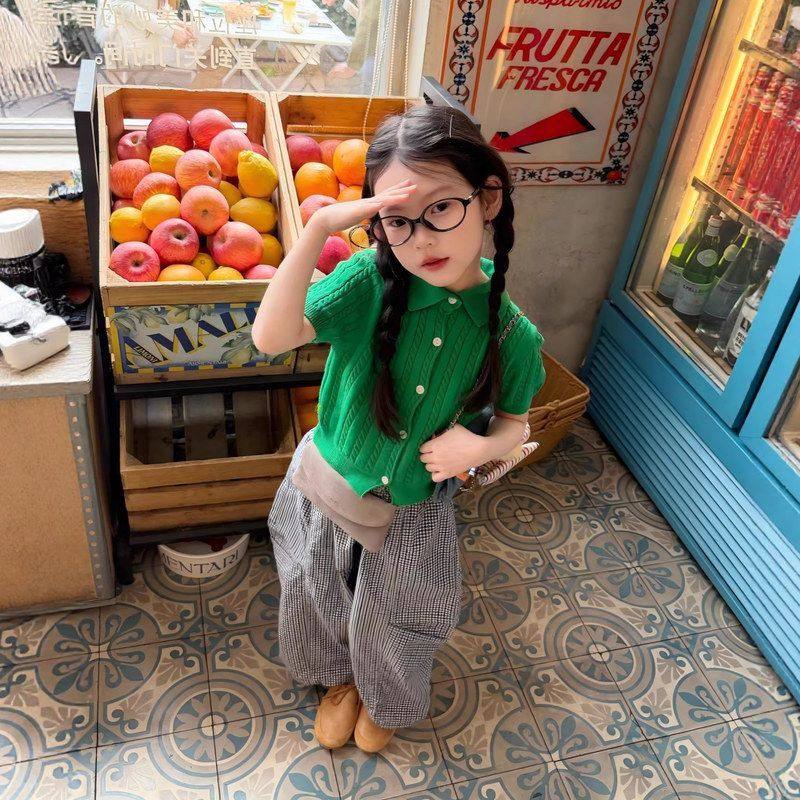 26春夏款女童韩版翻领针织短袖上衣儿童洋气格子休闲阔腿裤子套装,淘宝优惠券,粉丝福利购,淘宝优惠卷