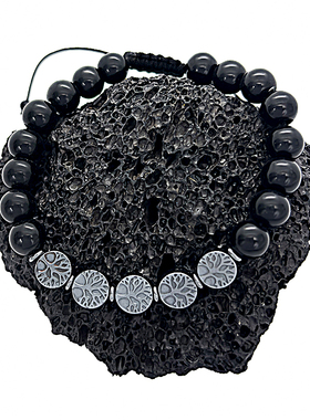 外贸欧美黑珠生命树黑胆石实心圆饼拼接手工编织男士手串手链