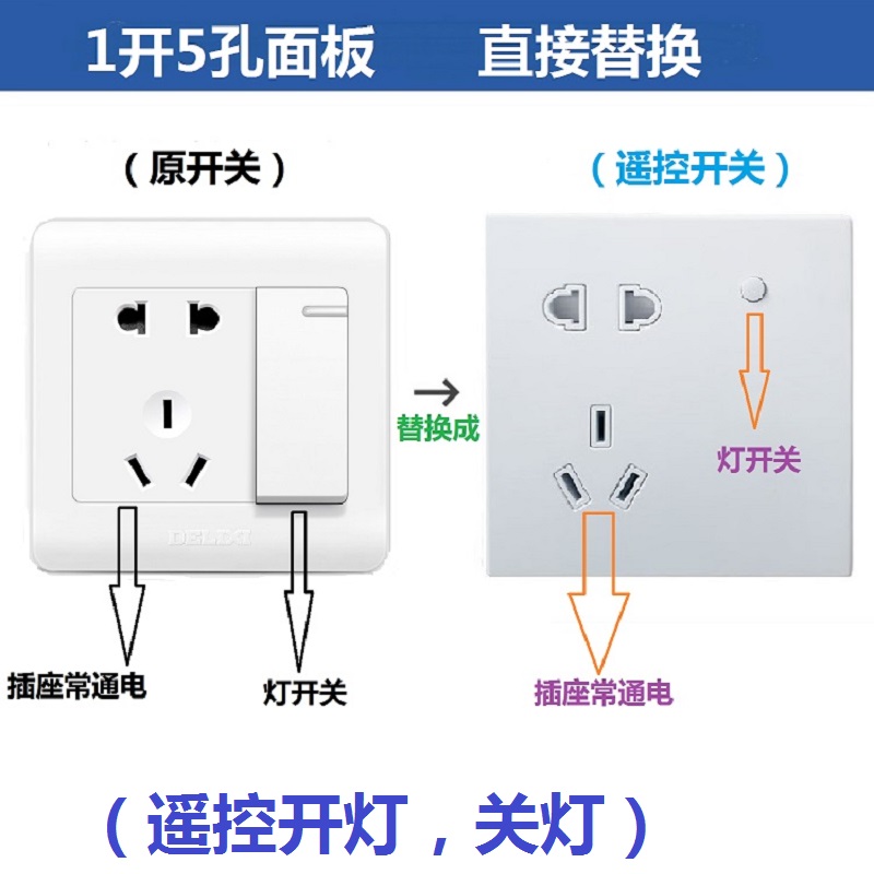 一开5五孔86型墙壁遥控插座面板墙插电灯具无线随意贴遥控开关灯