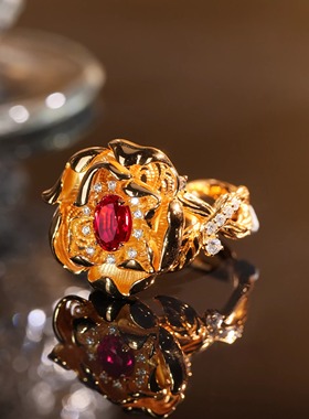 VISING培育红宝石【AGL国际证书】1克拉戒指黄金色花开富贵S925银