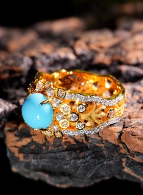 VISING 珠宝黄金色人造仿蓝松珍珠戒指S925刻丝工艺