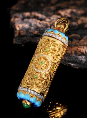 VISING珠宝黄金色财神爷吊坠项链毛衣链花丝镶嵌重工S925银