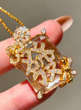 VISING天然全净体白水晶金色“發”字麻将项链吊坠S925银