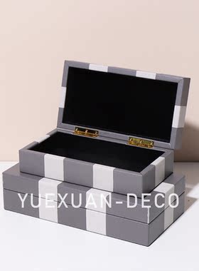 粤萱简约现代灰色裂纹皮革首饰盒收纳盒摆件售楼处样板间酒店展厅