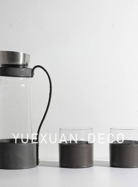 粤萱简约玻璃皮革水具水壶水杯样板间酒店客厅茶几餐厅托盘摆件