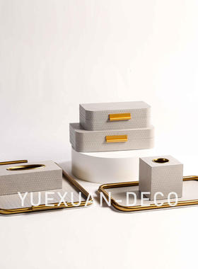 粤萱简约现代PU皮金属托盘储物盒样板间售楼处酒店会客厅软装摆设