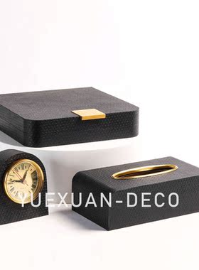 粤萱简约现代真皮五金托盘储物盒样板间售楼处酒店会客厅软装摆设