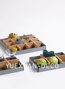 粤萱简约现代皮革实木收纳盒首饰盒托盘摆件售楼处样板间酒店软装