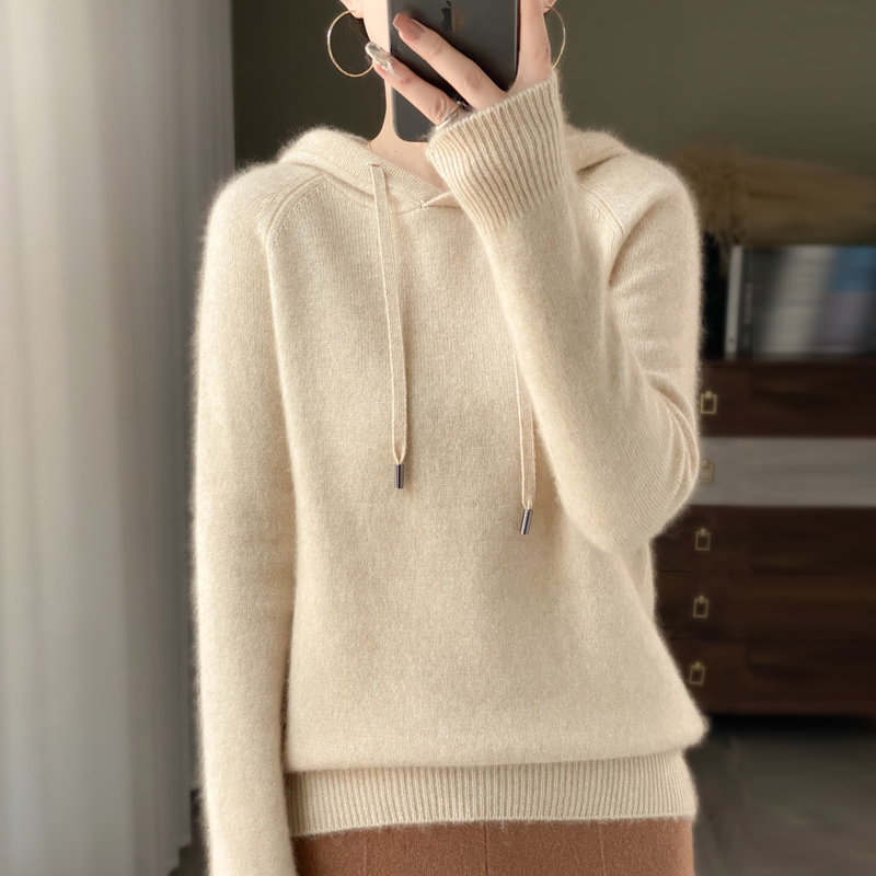 100澳洲纯羊绒针织连帽卫衣女加厚羊绒衫连帽宽松外套大码打底毛 - 图2