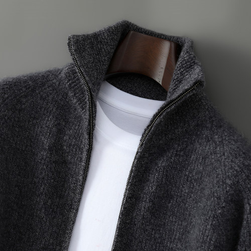 双股加厚100%纯羊毛衫男拉链开衫毛衣秋冬宽松外套针织打底羊绒衫 - 图1