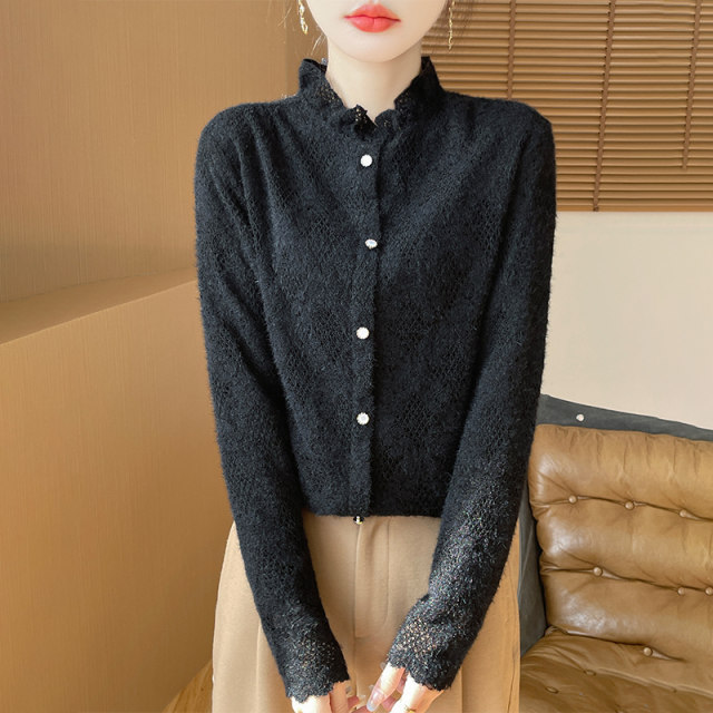 ລະດູໜາວປີ 2024 ໃໝ່ພຣີມຽມ Lotus Leaf Collar Lace Collar Fine Imitation Wool Knitted Bottoming Sweater Women's Half Turtle Collar Cashmere Sweater