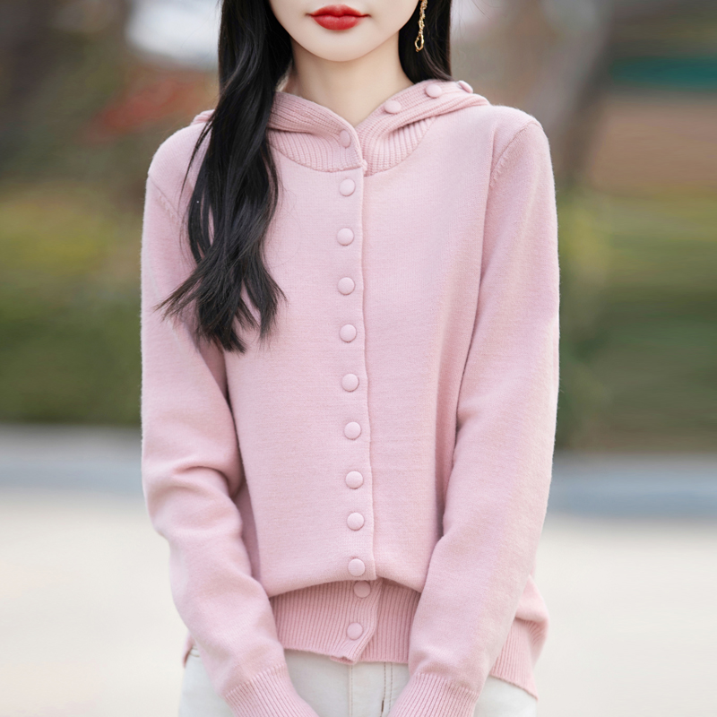 欧货连帽浅米色羊毛长袖针织开衫毛衣女2025春季新款减龄休闲上衣 - 图2