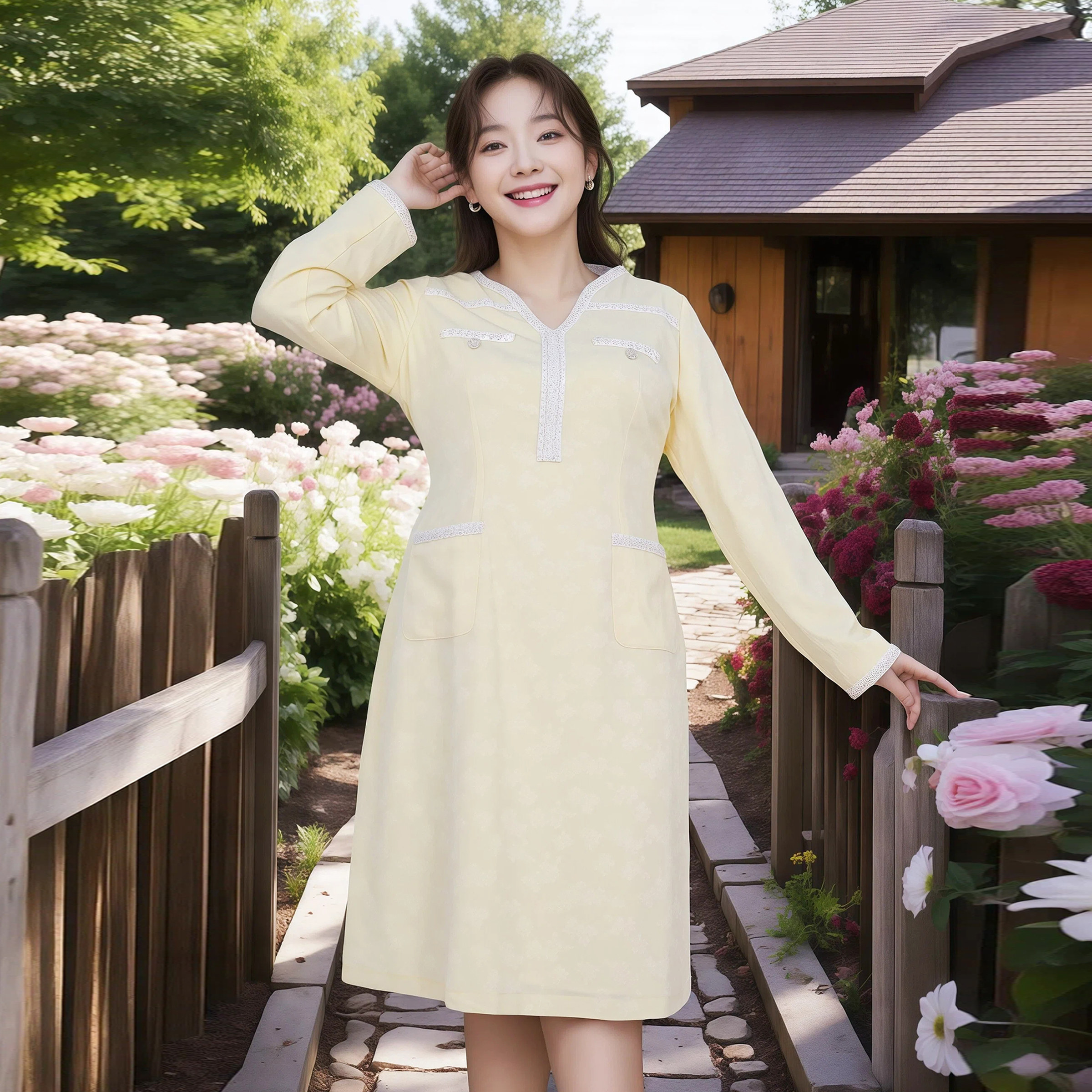 辣妈起义大码女装2025秋冬款胖MM淡黄V领提花香风连衣裙优雅气质