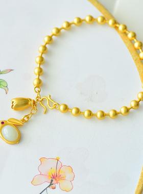 925银镶和田玉福兔报喜素银珠手链2025新款玉珠女款手串金珠子