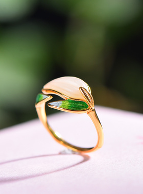 S925银镶嵌和田玉珐琅金枝玉叶戒指白玉和田玉戒玉饰品时尚女士