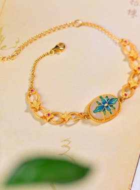 古法银镶和田玉珐琅蛋面手链