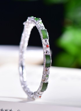 s925银镶嵌和田玉碧玉镂空多蛋面手镯多蛋面手镯吊坠珐琅彩新款