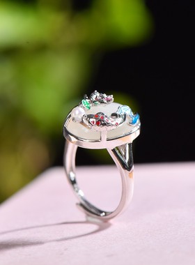 S925银镶和田玉珐琅蛋面莲年有鱼戒指玉戒指开口玉石女款2025新款