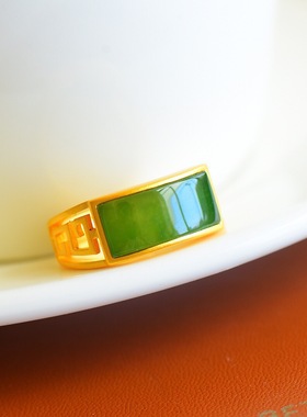 s925银镀金镶嵌新疆和田玉碧玉戒指个性镂空时尚简约大气手饰指环