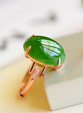 s925银镶和田玉碧玉戒指碧玉蛋面菠菜绿菠菜绿玉女S925戒指子