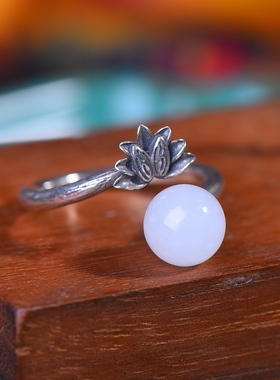 S925银镶嵌和田玉8厘白玉珠戒指