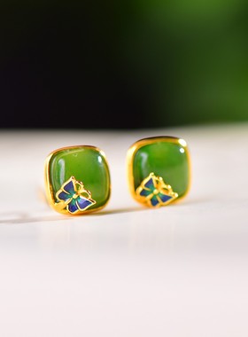 s925银镶嵌和田玉碧玉小方糖套装