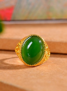 银镶嵌和田玉碧玉蛋面镂空戒指