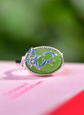 S925银镶嵌和田玉碧玉蛋面珐琅戒指古风古法工艺时尚天然玉石