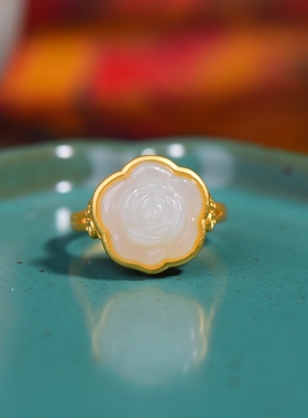 s925银古法银镶和田玉白玉简约女士金色白色经典款花朵花形戒指