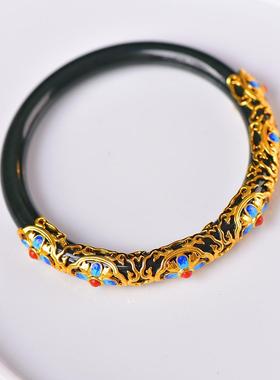 纯银镶嵌和田玉青玉珐琅花丝镂空手镯全新民族风植物花卉女镯子