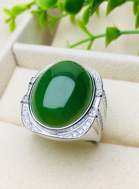 s925银镶和田碧玉蛋面戒指