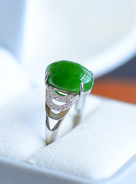 和田玉碧玉椭圆蛋面戒指女款s925银镶星钻复古宫廷风古典气质指环