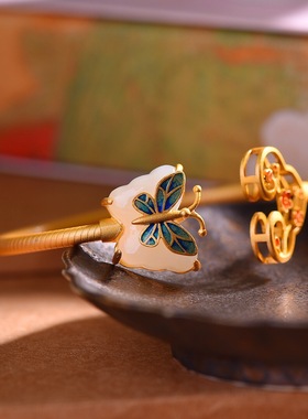 s925银镀金镶嵌新疆和田玉白玉蝴蝶琳琅手镯开口镂空女款手环手饰