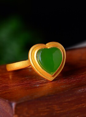 925银古法银镶和田玉碧玉心形套装情侣夫妻情人节结婚订婚17521