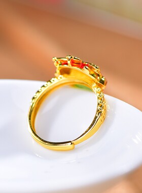 s925银镶嵌和田玉碧玉蛋面珐琅醒狮戒指金色碧绿女士貔貅美19007