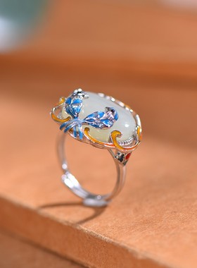 s925银镶嵌和田玉如意锁戒指玉饰品白玉玉戒指天然和田玉老坑