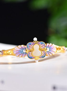 s925银镶嵌和田玉白玉珐琅彩葫芦手镯珐琅彩手镯女士手镯和田玉