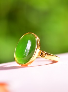 S925银镶嵌和田玉碧玉蛋面戒指