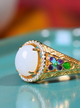 S925银镶嵌和田蛋面珐琅戒指新中式女生古风手饰和田玉天然白玉