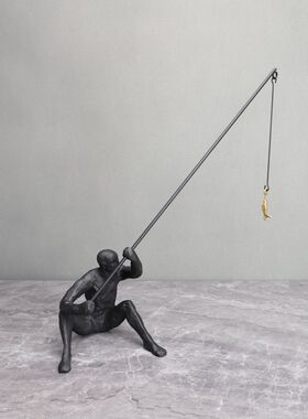 新中式复古黑色铸铁钓鱼人摆件