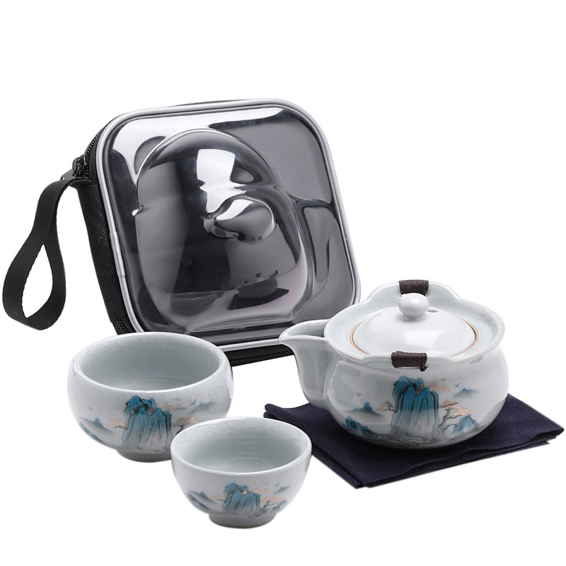 Ge Kiln Outdoor Travel Tea Set Landscape Ru Kiln One Pot Two Cups Portable Bag Teapot Tea Cup Single Quick Cup