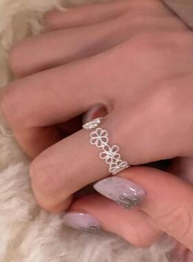 新款镂空花朵戒指镀银女式百搭时尚温柔气质小众食指戒