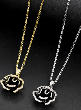 钛钢黑色山茶花朵项链