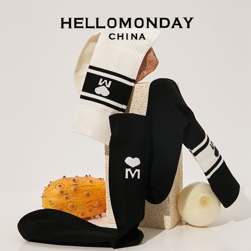 包邮~Hello Monday男女情侣袜子运动风字母条纹百搭ins潮中长筒袜