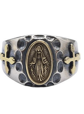 S925纯银宽面金色十字架斑点开口指环复古男女锤纹波点戒指