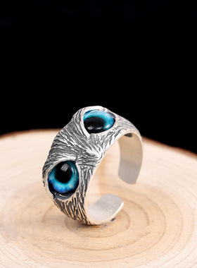 S925纯银猫头鹰戒指复古做旧恶魔之眼雄鹰戒指个性嘻哈开口指环